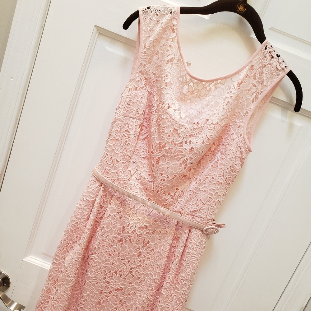 Pink Crochet Lace Belted Dress